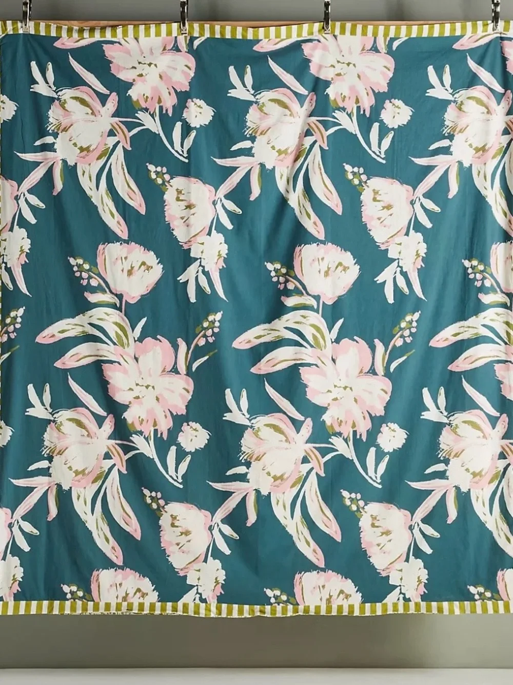 Anthropologie Teal Floral Duvet Cover with Pink Blooms and Olive Stripe Trim